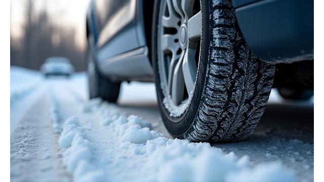 Auto se zimními pneumatikami na zasněžené cestě